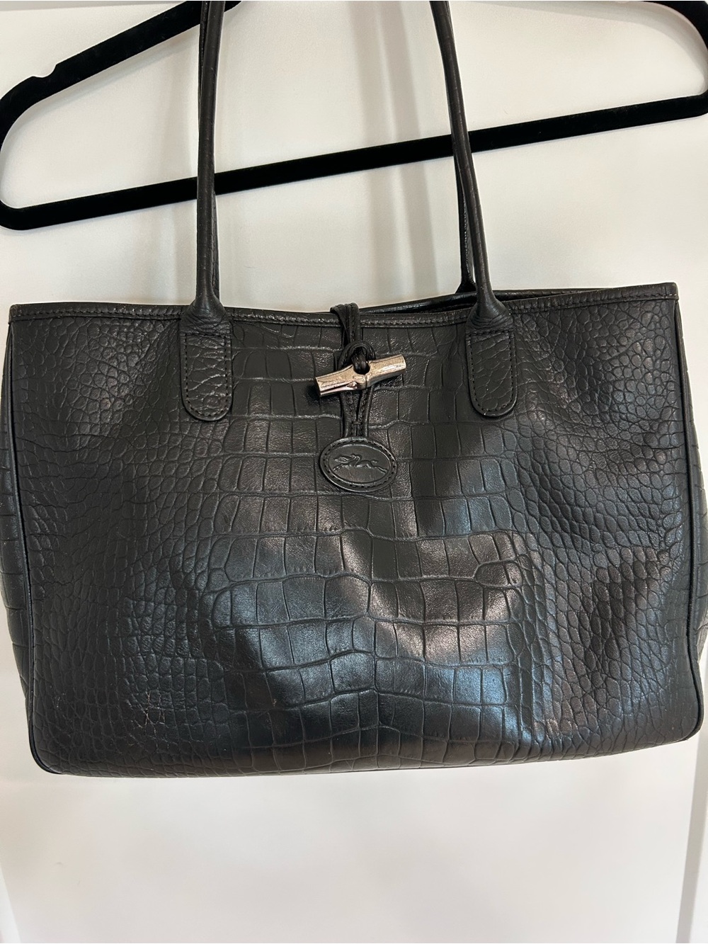 Longchamp Black Croc-Embossed Leather Tote